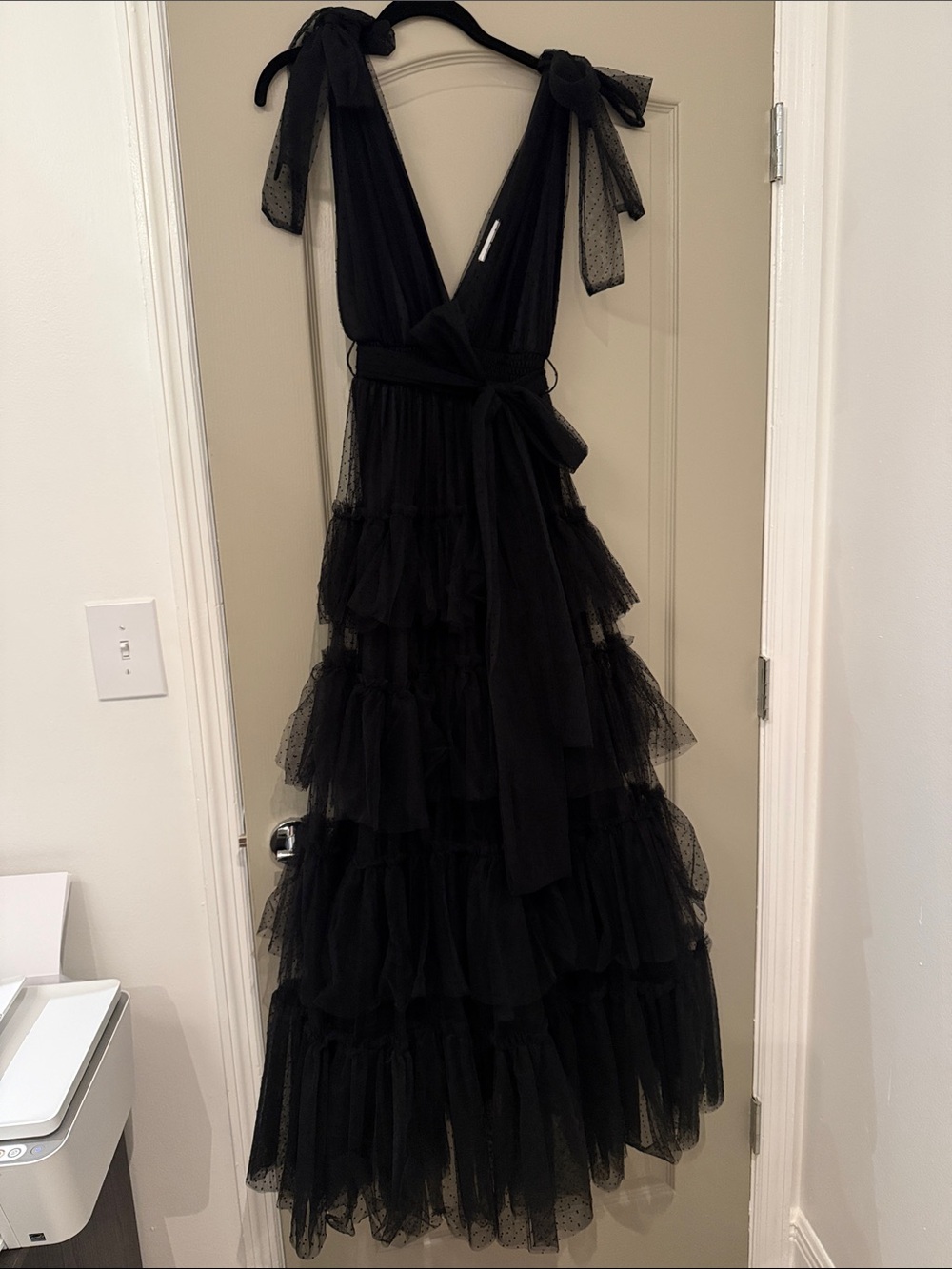 Elegant Black Tiered Maxi Dress with Bow Shoulder Straps